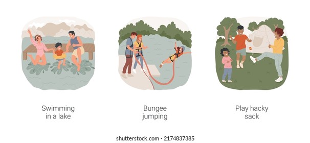 Active camping isolated cartoon vector illustration set. Swimming in a lake, family jumping in the water, bungee jumping, play hacky sack, camping sport activity vector cartoon.