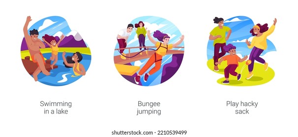 Active camping isolated cartoon vector illustration set. Swimming in a lake, family jumping in the water, bungee jumping, play hacky sack, camping sport activity vector cartoon.
