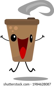 active cartoon character brown coffee glass jumping and fooling around on white background concept of popular invigorating drink