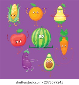 Active cartoon fruit and vegetables set. Pear, apple, avocado, watermelon, carrot doing sport exercises. Vector illustrations for healthy lifestyle, nutrition for activity, wellness concept