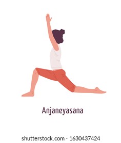 Active cartoon girl demonstrating anjaneyasana pose vector flat illustration. Yogi female practicing Young moon position isolated on white. Yoga woman training in low lunge posture