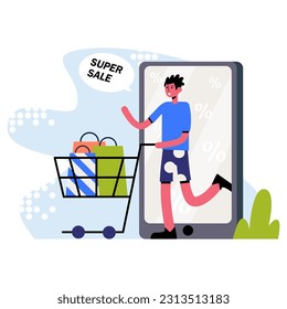 Active cartoon male standing near mobile phone, carry cart with purchases. Buying things at big discounts. Profitable shopping day concept. Vector illustration in blue and green colors