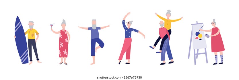 Active cartoon old people having fun - isolated set of senior men and women dancing, doing sport, drawing and doing other leisure activities. Flat vector illustration