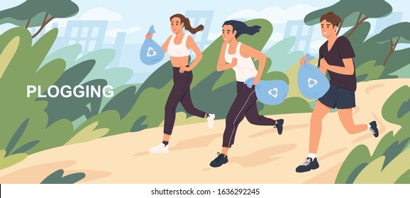 Active cartoon people picking up litter during plogging vector flat illustration. Man and woman character run at natural park cleaning environment. Healthy lifestyle and ecology protection concept