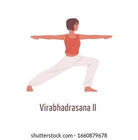 Active cartoon woman practicing virabhadrasana II position isolated on white. Yogi female exercising Hatha yoga Warrior Pose vector flat illustration. Girl performing gymnastics fitness workout