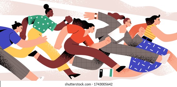 Active cartoon woman running together vector flat illustration. Group of emancipation modern girl runner having race lifestyle isolated on white. Diverse female jogger during competition marathon