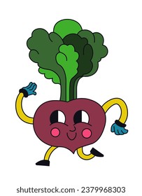 Active character in form of ripe red beetroot that dances and smiles. Organic vegetarian product for healthy eating. Emoji or emoticon, sticker, or cartoon personage. Vector in flat style illustration