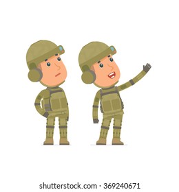 Active Character Soldier making presentation of new services to the customer. Poses for interaction with other characters from this series