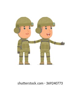 Active Character Soldier making presentation of his product to the customer. Poses for interaction with other characters from this series