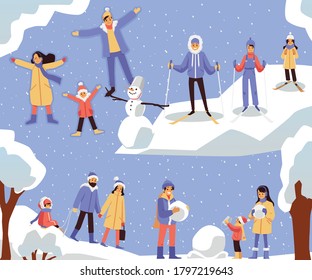 Active characters go skiing and sledding and make a snowman in the winter park. Family sports, games and outdoor entertainment in the winter season. Vector flat illustration