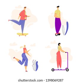 Active Characters on Modern Urban Transport Set. Young Man Riding Skateboard. Outdoor Sport Leisure Roller Skating Concept with Happy Woman. Guy on Hoverboard. Vector flat cartoon illustration