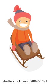 Active cheerful caucasian white boy enjoying a sleigh ride. Concept of outdoor winter leisure activity. Vector cartoon illustration isolated on white background.