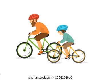 active cherrful father and son, man and boy cycling, riding bikes. happy active healthy family lifestyle isolated vector illustration scene