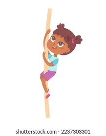 Niña activa trepando cuerda en la ilustración del vector de la educación física escolar. Caricatura aislada y divertida formación de niñas con equipo de gimnasia, entrenamiento sano de escalada y ejercicio deportivo de niños