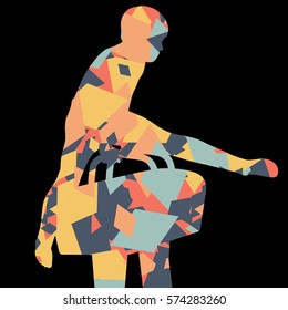 Active children boy sport silhouette on pommel horse in abstract mosaic background illustration vector