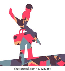 Active children boy sport silhouette on pommel horse in abstract mosaic background illustration vector