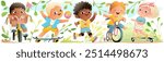 Active children boys and girls on wheels riding bicycle rollers and skateboard. Summer hobby and childhood activities, multiracial kids sport. Vector cartoon graphic clip art illustration collection.