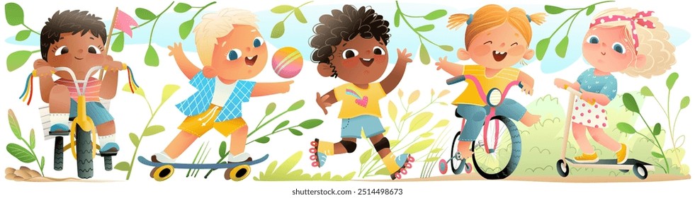 Active children boys and girls on wheels riding bicycle rollers and skateboard. Summer hobby and childhood activities, multiracial kids sport. Vector cartoon graphic clip art illustration collection.