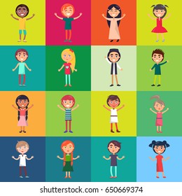 Active children isolated on colorful backgrounds. Celebrating international children's day vector poster in flat design.