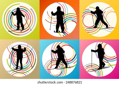 Active Children, Kid Skiing Set Sport Silhouette Vector Background Concept