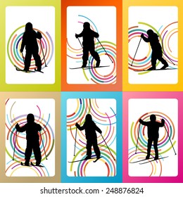 Active children, kid skiing set sport silhouette vector background concept