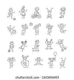 Active children play, run and jump. Happy cute doodle kids. A set of isolated characters. Vector illustration in hand drawn style on white background