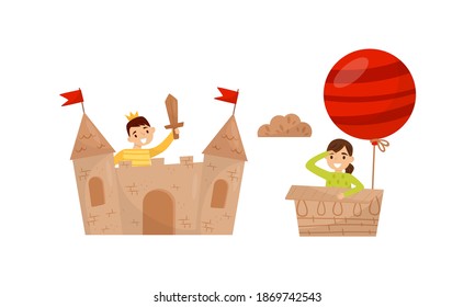 Active Children Playing in Cardboard Castle and Air Balloon Vector Set