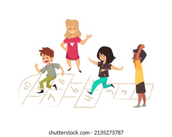 Active children playing hopscotch together, cartoon flat vector illustration isolated on white background. Kids outdoor active and sport games concept.