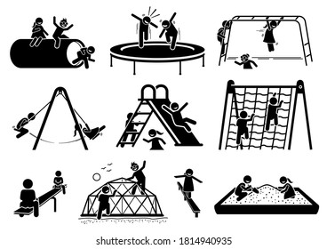 Active children playing at playground stick figures icons. Vector illustrations of kids playing trampoline, monkey bar, swing, slide, climbing net, seesaw, tunnel, and sand box.