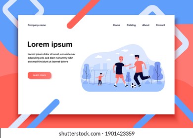 Active children playing soccer outdoors isolated flat vector illustration. Cartoon happy kids kicking ball and running at playground. Sport game and childhood concept