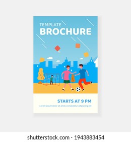 Active children playing soccer outdoors isolated flat vector illustration. Cartoon happy kids kicking ball and running at playground. Sport game and childhood concept