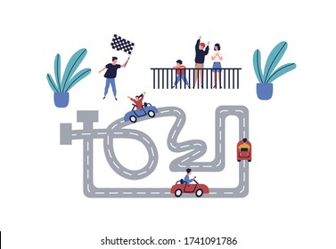 Niños activos en carreras de carting competición vectorial ilustración plana. Feliz niña y niño montando en el auto disfrutando de diversión juntos aislados en blanco. Alegre familia con entretenimiento