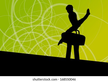 Active children sport silhouette on pommel horse vector abstract background illustration