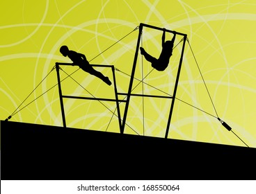 Active children sport silhouettes on uneven bars vector abstract background illustration