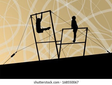 Active children sport silhouettes on uneven bars vector abstract background illustration