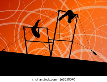 Active children sport silhouettes on uneven bars vector abstract background illustration