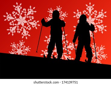 Active children young boy and girl skiing sport silhouettes in winter ice and snowflake abstract background illustration vector