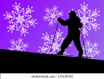 Active children young girl skiing sport silhouette in winter ice and snowflake abstract background illustration vector