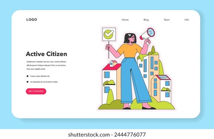 El concepto de Ciudadano Activo. Vocal aboga por promover la participación comunitaria con marca de verificación y megáfono. Compromiso social en el entorno urbano. Ilustración vectorial.