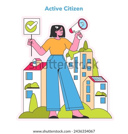 Active Citizen concept. Vocal advocate promoting community participation with check mark and megaphone. Social engagement in urban setting. Vector illustration.