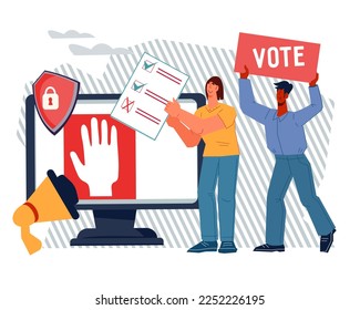 Ciudadanos activos participando en votaciones en línea en elecciones democráticas o referéndum. Encuesta y voto en línea, cartel o afiche de encuesta de opinión pública, ilustración vectorial plana aislada en fondo blanco.