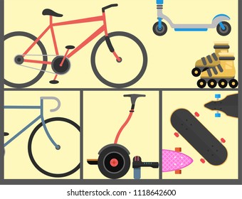 Active city transport eco alternative energy bike scooter one and two-wheeled mobility electro vehicle vector.
