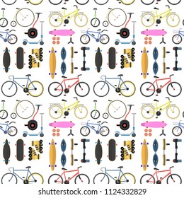Active city transport eco alternative energy bike scooter one and two-wheeled mobility electro vehicle vector seamless pattern background.