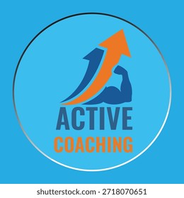 Design de logotipo de coaching ativo com setas de crescimento para cima e ícone de bíceps muscular