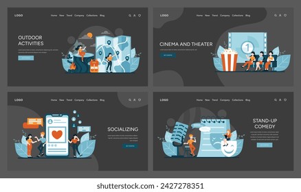 Active and Connected set. Exploring nature, movie fascination, digital socializing, and comedic talent. People immersed in outdoor fun, films, online chat, and laughter. Vector illustration