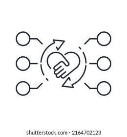 Cooperación activa en medios sociales. Icono lineal vectorial aislado en fondo blanco.