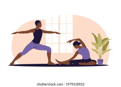 Active couple doing exercise. African man and woman training together at home. Sport in a cozy interior. Vector illustration. Flat.