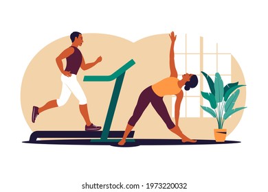 Active couple doing exercise. Man and woman training together at home. Sport in a cozy interior. Vector illustration. Flat.