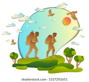 Active couple hiking in nature with grasslands and trees, boyfriend and girlfriend. Vector illustration of beautiful scenic landscape lovers romance, birds in the sky, summer holidays.