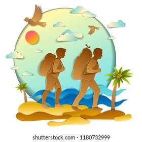Active couple hiking to wild beach with sea ocean waves and palms, boyfriend and girlfriend, honeymoon. Vector illustration of beautiful scenic seascape, birds in the sky, summer holidays.